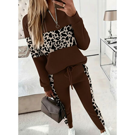 Lucky Life Kadın Uzun Kollu Fermuarlı Karışık Desenli Viskon Iki Iplik Bluz Ve Pantolon Ikili Takım