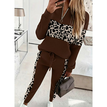 Lucky Life Kadın Uzun Kollu Fermuarlı Karışık Desenli Viskon Iki Iplik Bluz Ve Pantolon Ikili Takım