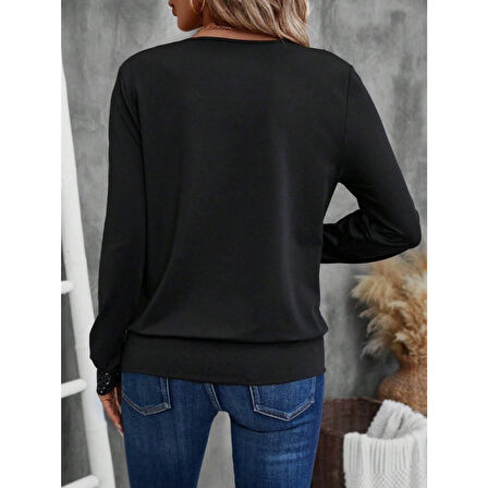 Lucky Life Kadın Uzun Kollu V Yakalı Içi Süprem Desenli Dışı Viskon Bluz