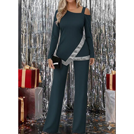 Lucky Life Kadın Tek Omuzdan Açık Uzun Kollu önü Pulpayet Ithal Krep Bluz Ve Pantolon