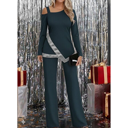 Lucky Life Kadın Tek Omuzdan Açık Uzun Kollu önü Pulpayet Ithal Krep Bluz Ve Pantolon