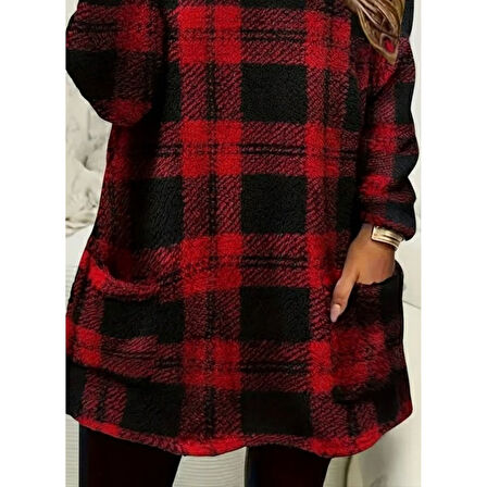 Lucky Life Kadın Uzun Kollu Yarı Balıkçı Yakalı Cep Detaylı Ekoseli Dokuma Tunik