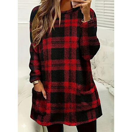 Lucky Life Kadın Uzun Kollu Yarı Balıkçı Yakalı Cep Detaylı Ekoseli Dokuma Tunik