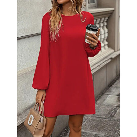 Lucky Life Kadın  Uzun Kollu Yuvarlak Yaka Mini Ithal Krep Elbise