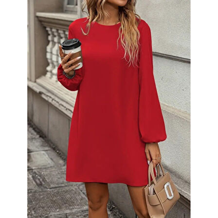 Lucky Life Kadın  Uzun Kollu Yuvarlak Yaka Mini Ithal Krep Elbise