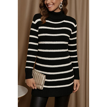 Lucky Life Kadın Uzun Kollu Degaje Yaka çizgili Sonya Iplik Mini Boy Triko Elbise (kemersiz)