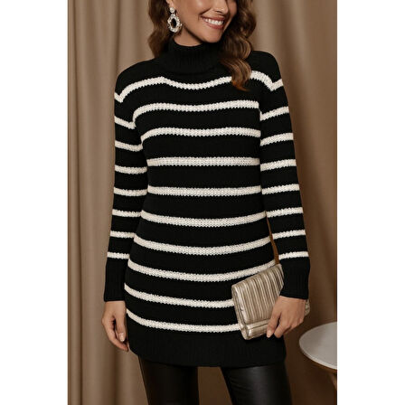 Lucky Life Kadın Uzun Kollu Degaje Yaka çizgili Sonya Iplik Mini Boy Triko Elbise (kemersiz)