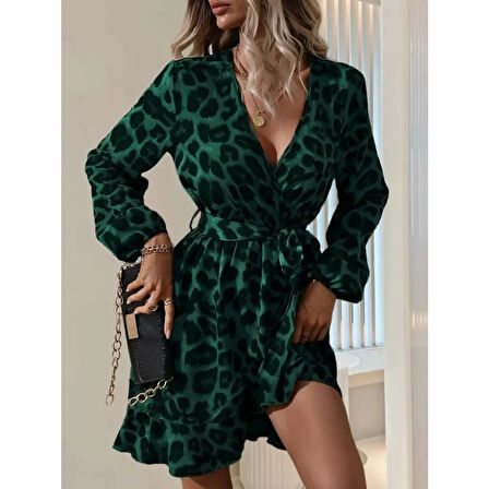 Lucky Life Kadın Uzun Kollu Kruvaze Yaka Beden Kuşaklı çapraz Kesim Detaylı Leopar Modal Mini Elbise
