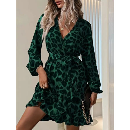 Lucky Life Kadın Uzun Kollu Kruvaze Yaka Beden Kuşaklı çapraz Kesim Detaylı Leopar Modal Mini Elbise