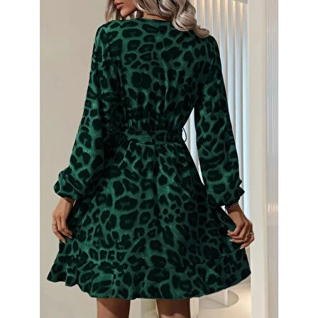 Lucky Life Kadın Uzun Kollu Kruvaze Yaka Beden Kuşaklı çapraz Kesim Detaylı Leopar Modal Mini Elbise