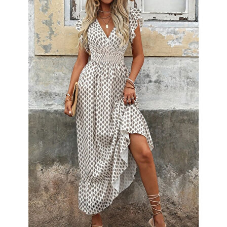 Lucky Life Kadın Kısa Kelebek Kollu Kruvaze Yakalı Desenli Süprem Elbise