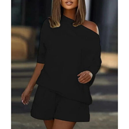 Lucky Life Kadın Kayık Yaka Salaş Iki Iplik Bluz Ve şort Ikili Takım