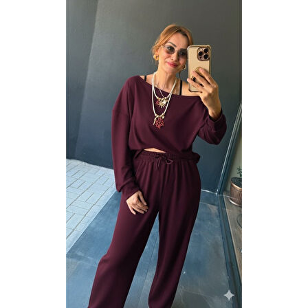 Lucky Life Kadın Uzun Kollu Tek Omuzdan Açık Viskon Iki Iplik Bluz Ve Pantolon Ikili Takım