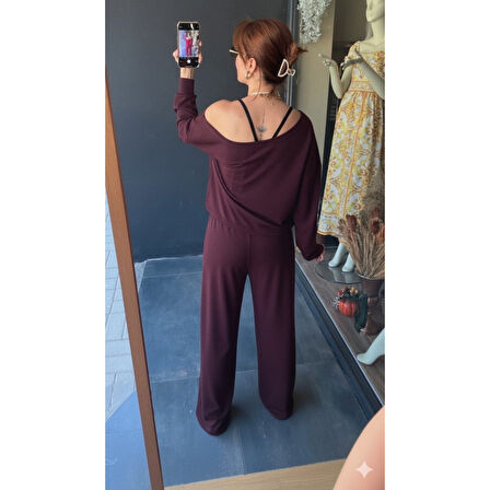 Lucky Life Kadın Uzun Kollu Tek Omuzdan Açık Viskon Iki Iplik Bluz Ve Pantolon Ikili Takım