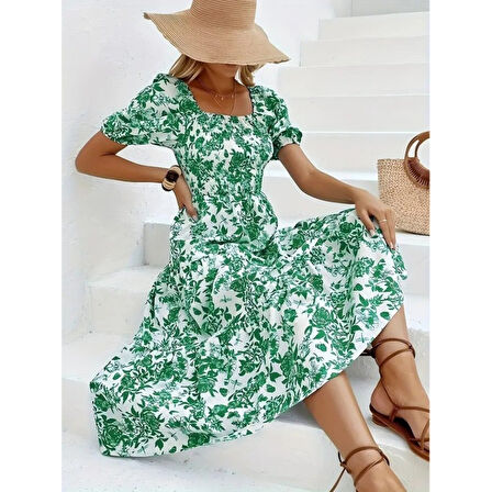 Lucky Life Kadın Kısa Kollu Kare Yakalı Lastikli Desenli Süprem Elbise