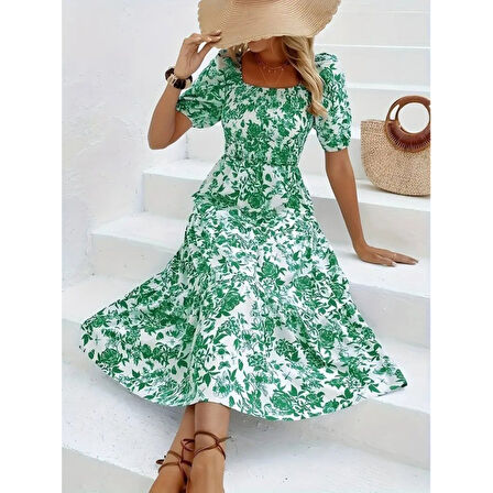 Lucky Life Kadın Kısa Kollu Kare Yakalı Lastikli Desenli Süprem Elbise