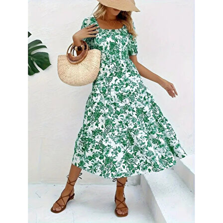 Lucky Life Kadın Kısa Kollu Kare Yakalı Lastikli Desenli Süprem Elbise