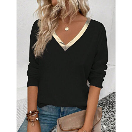 Lucky Life Kadın Uzun Kollu V Parlak Yaka Detaylı Viskon Bluz