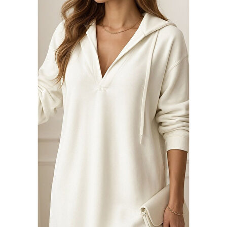 Lucky Life Kadın Uzun Kollu Kapüşonlu Yakası Açık Modal Elbise