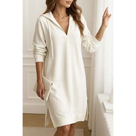 Lucky Life Kadın Uzun Kollu Kapüşonlu Yakası Açık Modal Elbise