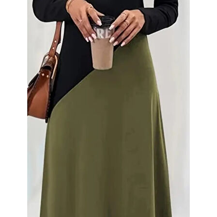 Lucky Life Kadın Uzun Kollu V Yakalı Blok Desenli Viskon Elbise