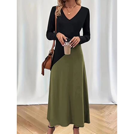 Lucky Life Kadın Uzun Kollu V Yakalı Blok Desenli Viskon Elbise