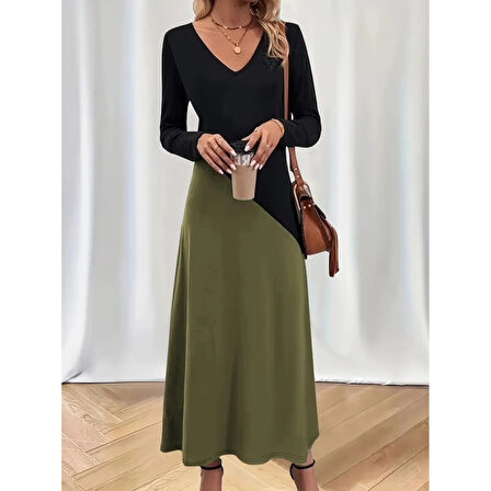 Lucky Life Kadın Uzun Kollu V Yakalı Blok Desenli Viskon Elbise