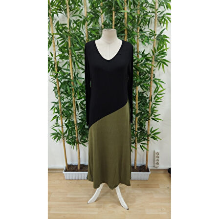 Lucky Life Kadın Uzun Kollu V Yakalı Blok Desenli Viskon Elbise