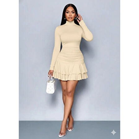 Lucky Life Lucky Life Kadın Uzun Kollu Balıkçı Yaka Mini Fırfırlı Sandy Elbise