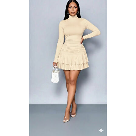 Lucky Life Lucky Life Kadın Uzun Kollu Balıkçı Yaka Mini Fırfırlı Sandy Elbise