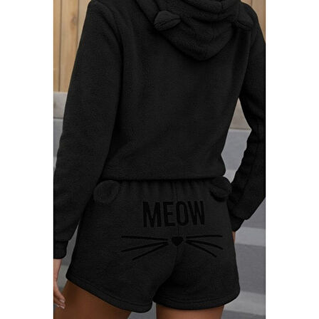Lucky Life Kadın Uzun Kollu Kapşonlu Peluş Bluz Ve Kısa Short Ikili Takım