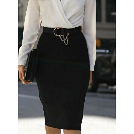 Lucky Life Kadın Uzun Kollu Kruvaze Yaka Janjan Krep Midi Elbise