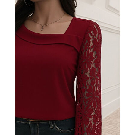 Lucky Life Kadın Uzun Kollu Asimetrik Yakalı Dantelli Ithal Krep Bluz