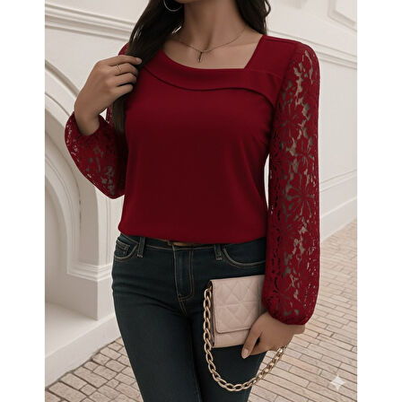 Lucky Life Kadın Uzun Kollu Asimetrik Yakalı Dantelli Ithal Krep Bluz