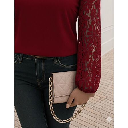 Lucky Life Kadın Uzun Kollu Asimetrik Yakalı Dantelli Ithal Krep Bluz