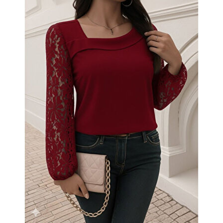 Lucky Life Kadın Uzun Kollu Asimetrik Yakalı Dantelli Ithal Krep Bluz