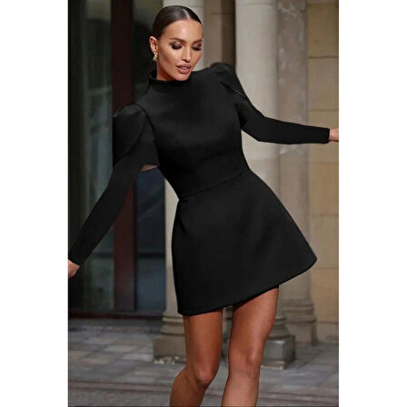 Lucky Life Kadın Uzun Kollu Yarı Balıkçı Yaka Arkadan Kurdela Detaylı Mini Atlas Elbise