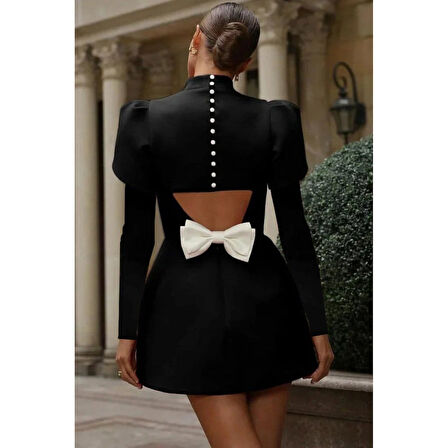 Lucky Life Kadın Uzun Kollu Yarı Balıkçı Yaka Arkadan Kurdela Detaylı Mini Atlas Elbise