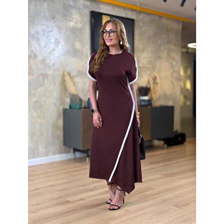 Lucky Life Kadın Kısa Kollu Bisiklet Yaka çift şerit Renk Detaylı Asimetrik Kesim Viskon Iki Iplik Elbise