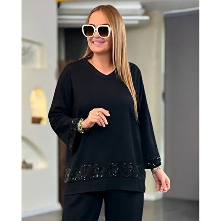 Lucky Life Kadın Uzun Kollu V Yakalı Pulpayet Viskon Iki Iplik Bluz Ve Pantolon Takım