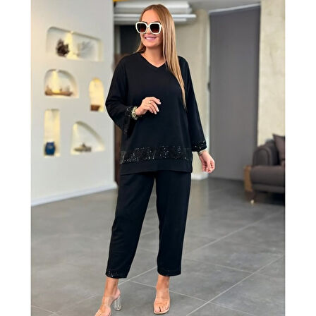 Lucky Life Kadın Uzun Kollu V Yakalı Pulpayet Viskon Iki Iplik Bluz Ve Pantolon Takım