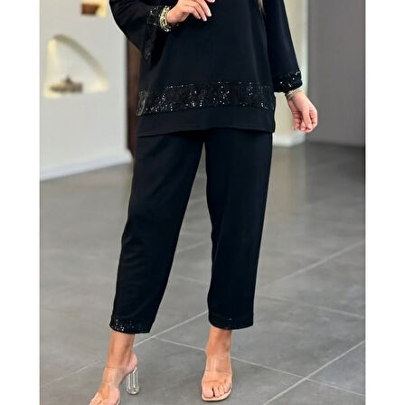 Lucky Life Kadın Uzun Kollu V Yakalı Pulpayet Viskon Iki Iplik Bluz Ve Pantolon Takım