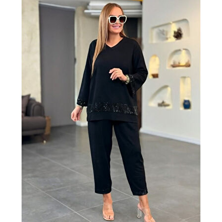 Lucky Life Kadın Uzun Kollu V Yakalı Pulpayet Viskon Iki Iplik Bluz Ve Pantolon Takım