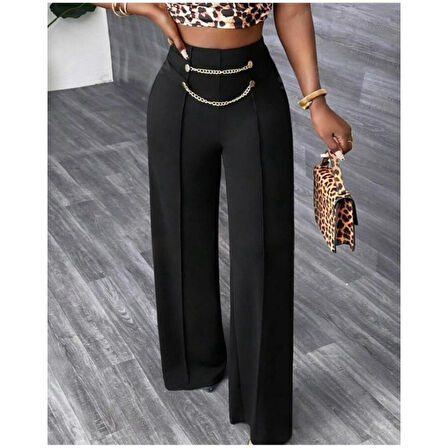 Lucky Life Kadın Beli Zincir Detaygeniş Paça Ithal Krep Pantolon