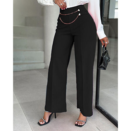 Lucky Life Kadın Beli Zincir Detaygeniş Paça Ithal Krep Pantolon