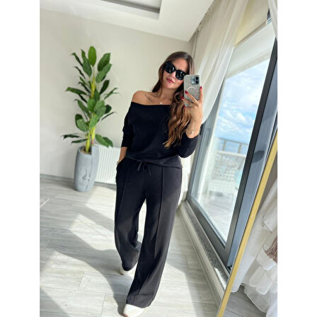 Lucky Life Kadın Uzun Kollu Tek Omuzdan Açık Modal Bluz Ve Pantolon Ikili Takım