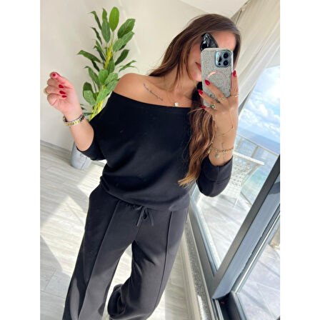 Lucky Life Kadın Uzun Kollu Tek Omuzdan Açık Modal Bluz Ve Pantolon Ikili Takım