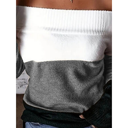 Lucky Life Kadın Uzun Kollu Omuzlardan Açık Uzun Kollu Blok çizgili Triko Bluz