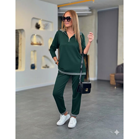 Lucky Life Lucky Life Kadın Uzun Kollu Fermuarlı şerit Detay Desenli Alt üst Ikili Viskon Iki Iplik Takım