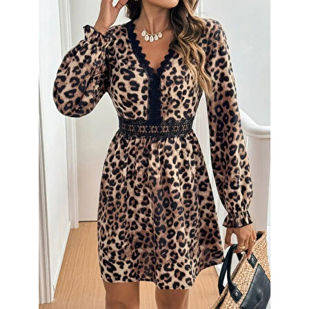 Lucky Life Kadın Uzun Kollu V Dantel Yakalı Leopar Desenli Modal Mini Elbise